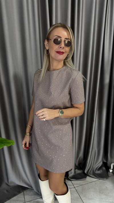 Önü Ve Kolları Işıltılı Taş İşlemeli Vizon Elbise