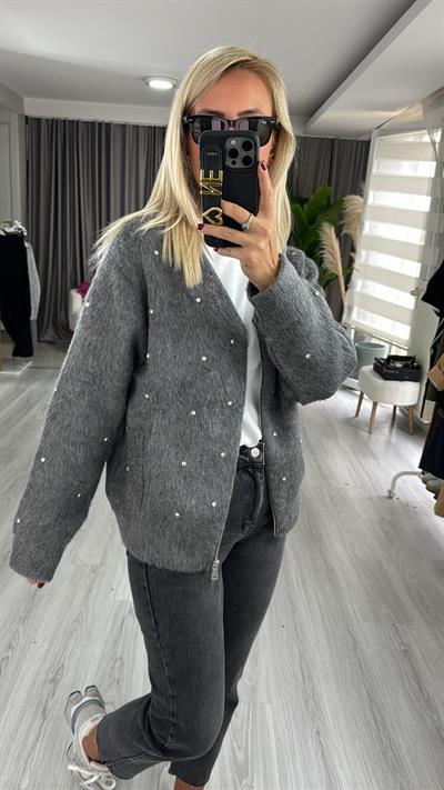 Önü Ve Kolları Taş İşlemeli, Cepli Antrasit Triko Ceket