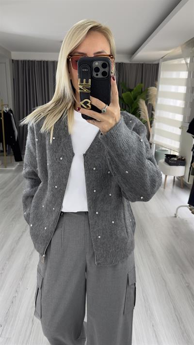 Önü Ve Kolları Taş İşlemeli, Cepli Antrasit Triko Ceket