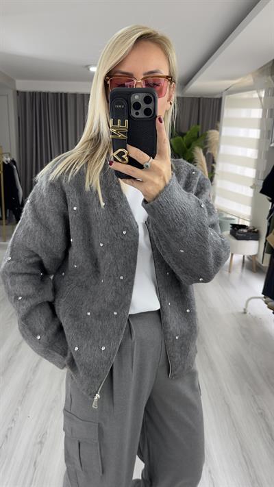 Önü Ve Kolları Taş İşlemeli, Cepli Antrasit Triko Ceket