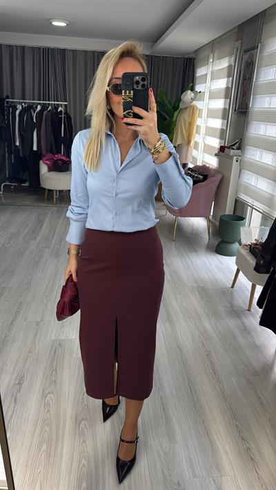 Önü Yırtmaçlı Bordo Kalem Etek