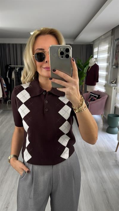 Orijinal Marka Acı Kahve Ekru Baklava Desen Triko