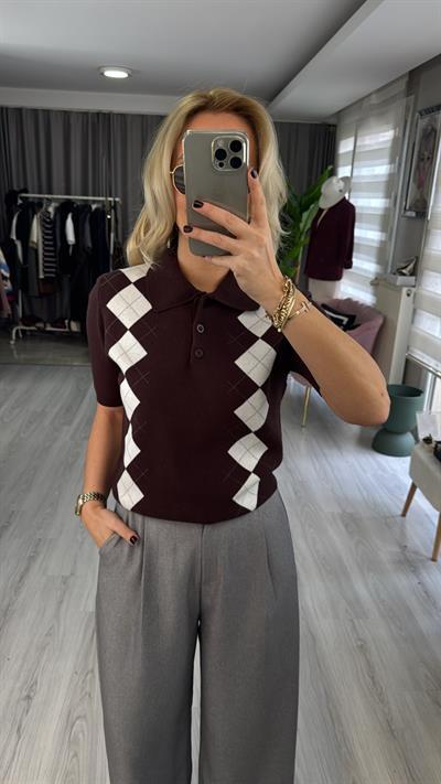 Orijinal Marka Acı Kahve Ekru Baklava Desen Triko