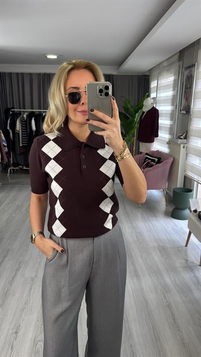 Orijinal Marka Acı Kahve Ekru Baklava Desen Triko