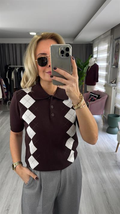 Orijinal Marka Acı Kahve Ekru Baklava Desen Triko