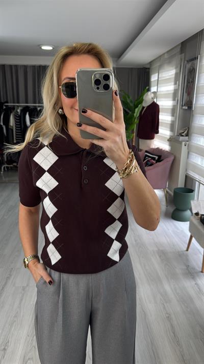 Orijinal Marka Acı Kahve Ekru Baklava Desen Triko