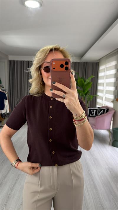 Orijinal Marka Bisiklet Yaka Düğmeli Acı Kahve Triko