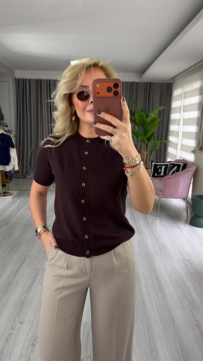 Orijinal Marka Bisiklet Yaka Düğmeli Acı Kahve Triko