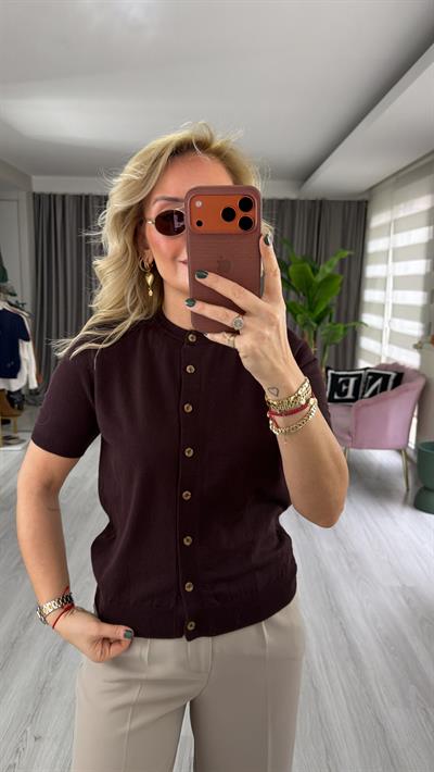 Orijinal Marka Bisiklet Yaka Düğmeli Acı Kahve Triko