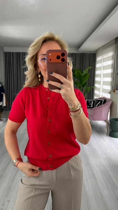 Orijinal Marka Bisiklet Yaka Düğmeli Kırmızı Triko