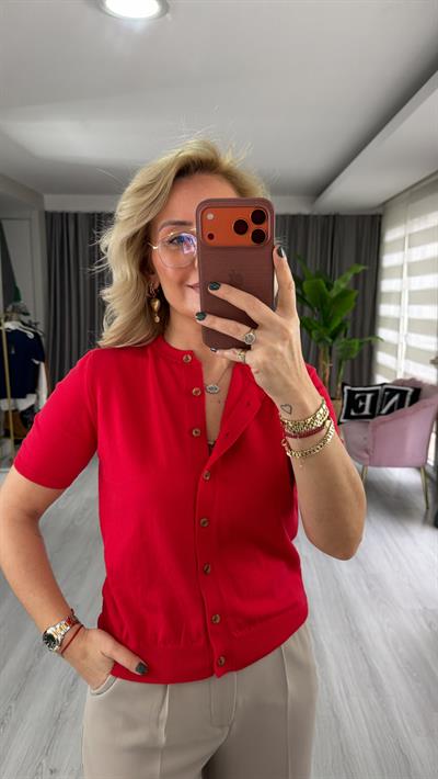 Orijinal Marka Bisiklet Yaka Düğmeli Kırmızı Triko