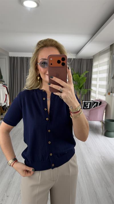 Orijinal Marka Bisiklet Yaka Düğmeli Lacivert Triko