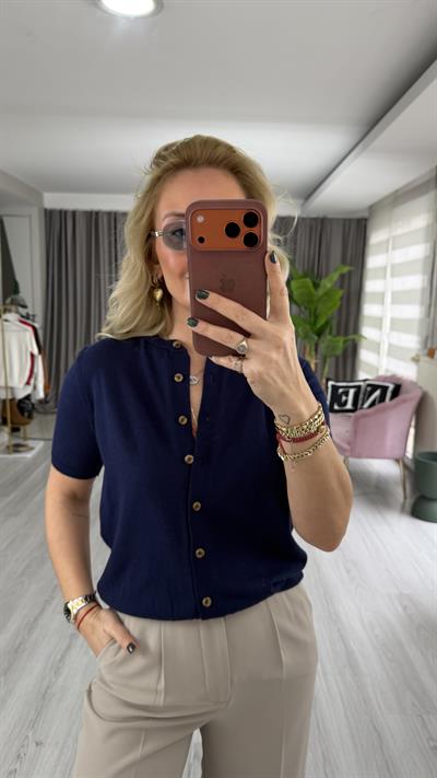 Orijinal Marka Bisiklet Yaka Düğmeli Lacivert Triko