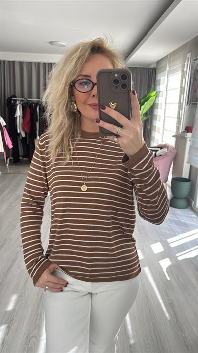 Orijinal Marka Çizgili Açık Kahve Triko