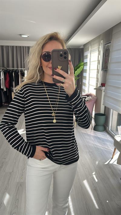 Orijinal Marka Çizgili Siyah Triko