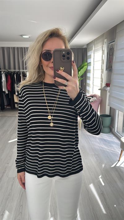 Orijinal Marka Çizgili Siyah Triko