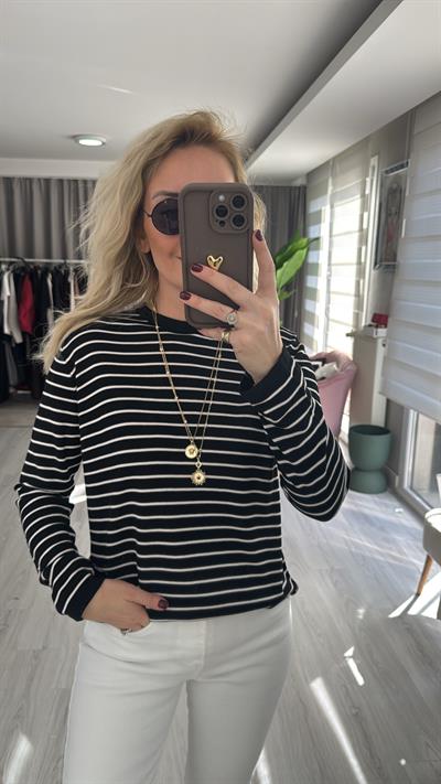 Orijinal Marka Çizgili Siyah Triko