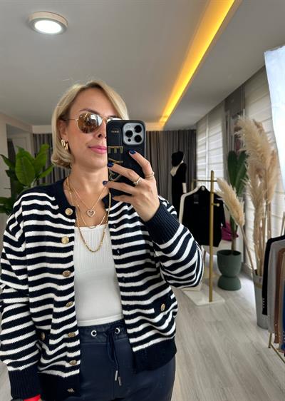 Orijinal Marka Gold Düğmeli Lacivert Çizgili Triko Hırka