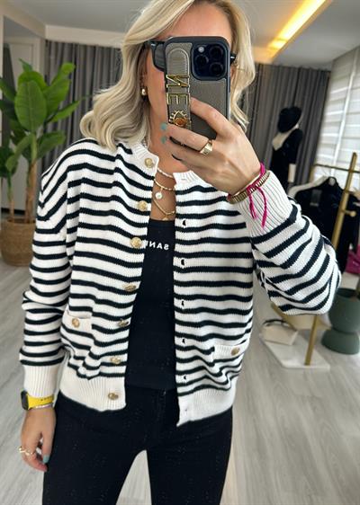 Orijinal Marka Gold Düğmeli Siyah Çizgili Triko Hırka