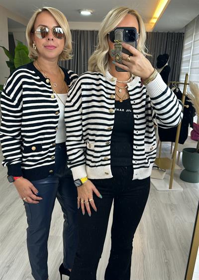 Orijinal Marka Gold Düğmeli Siyah Çizgili Triko Hırka