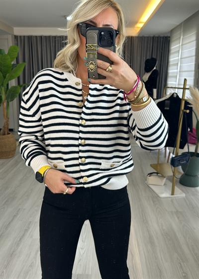 Orijinal Marka Gold Düğmeli Siyah Çizgili Triko Hırka