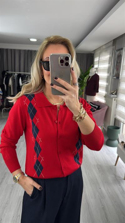 Orijinal Marka Kırmızı Lacivert Baklava Desen Triko Hırka