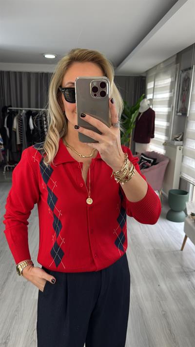 Orijinal Marka Kırmızı Lacivert Baklava Desen Triko Hırka