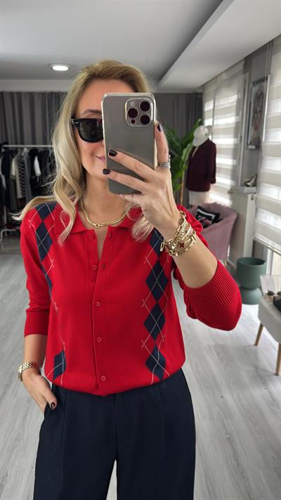 Orijinal Marka Kırmızı Lacivert Baklava Desen Triko Hırka