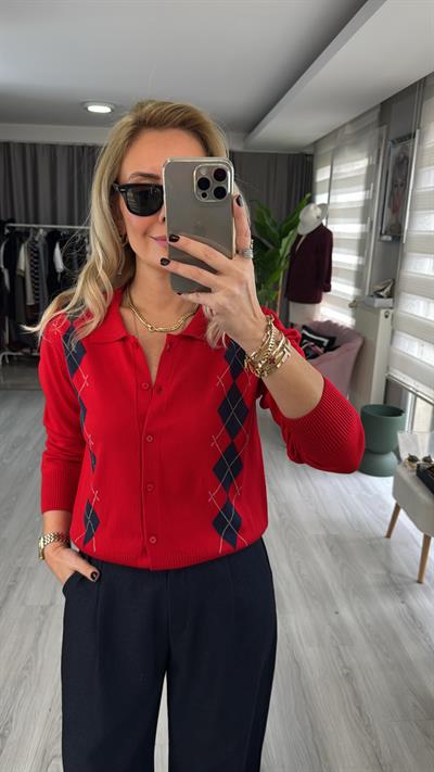 Orijinal Marka Kırmızı Lacivert Baklava Desen Triko Hırka