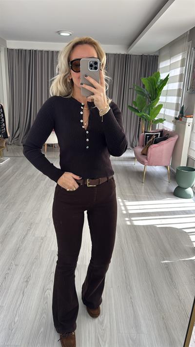 Orijinal Marka Likralı İspanyol Paça Acı Kahve Jean Pantolon