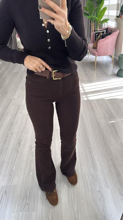 Orijinal Marka Likralı İspanyol Paça Acı Kahve Jean Pantolon