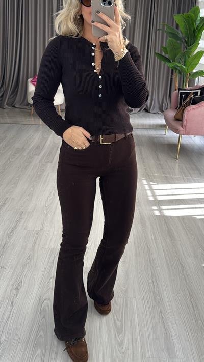 Orijinal Marka Likralı İspanyol Paça Acı Kahve Jean Pantolon