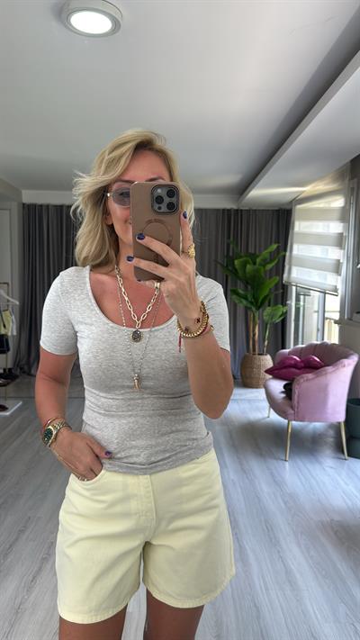 Orijinal Marka Ön Arka U Yaka Gri Bluz