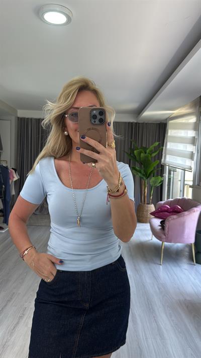 Orijinal Marka Ön Arka U Yaka Mavi Bluz