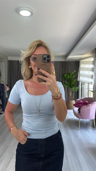 Orijinal Marka Ön Arka U Yaka Mavi Bluz