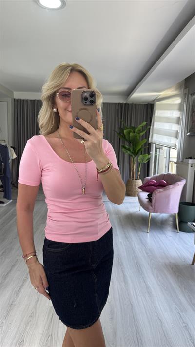 Orijinal Marka Ön Arka U Yaka Pembe Bluz