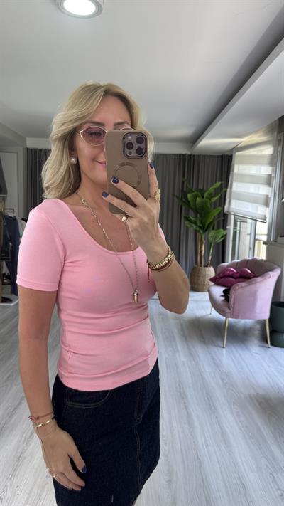 Orijinal Marka Ön Arka U Yaka Pembe Bluz