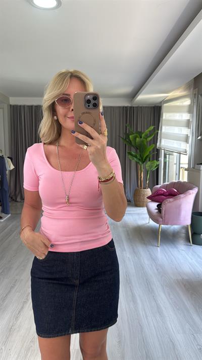 Orijinal Marka Ön Arka U Yaka Pembe Bluz