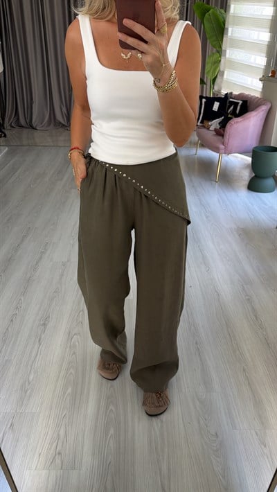 Orijinal Marka Şal Detaylı Beli Lastikli Haki Tencel Pantolon