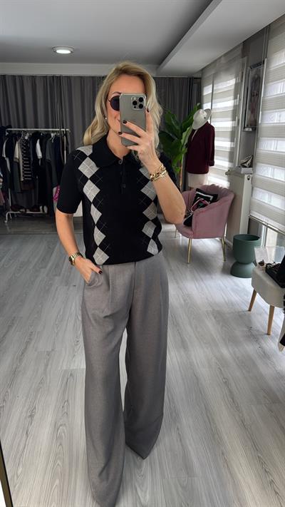 Orijinal Marka Siyah Gri Baklava Desen Triko