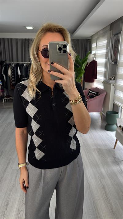 Orijinal Marka Siyah Gri Baklava Desen Triko