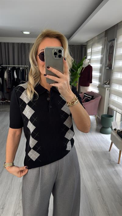 Orijinal Marka Siyah Gri Baklava Desen Triko