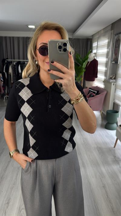 Orijinal Marka Siyah Gri Baklava Desen Triko