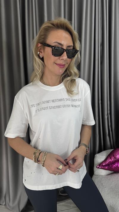 Orijinal Marka Yazılı Ekru T-shirt