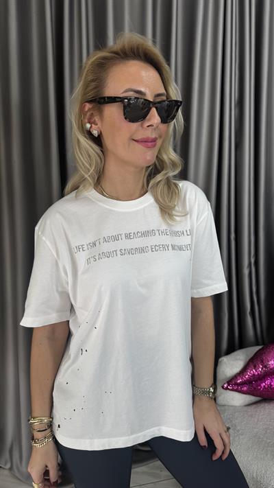 Orijinal Marka Yazılı Ekru T-shirt