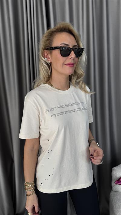Orijinal Marka Yazılı Krem T-shirt