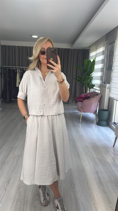Orijinal Model Açık Gri Etek Gömlek Takım