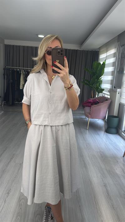 Orijinal Model Açık Gri Etek Gömlek Takım