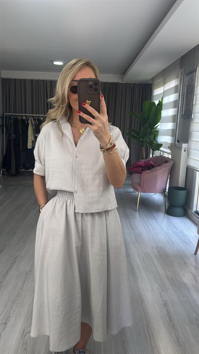Orijinal Model Açık Gri Etek Gömlek Takım