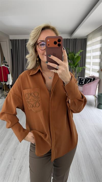 Marka Logo Cep Detaylı %100 Cotton Kiremit Gömlek